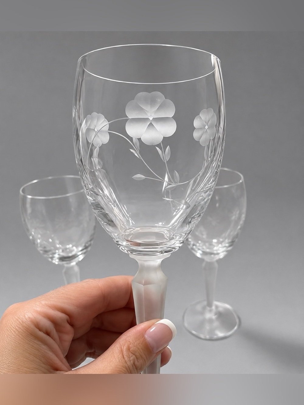 Floral Etched Glasses with Frosted Stems Set of 3 Vintage